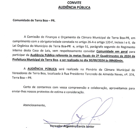 Convite para audiência Pública da Prefeitura Municipal